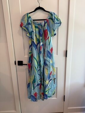Oliphant Light Blue Floral Off-Shoulder Maxi Dress with Multicolor Blooms